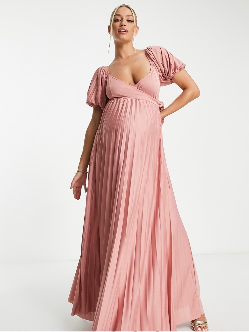 ASOS DESIGN Maternity Puff Sleeve Wrap Maxi Dress in Rose US 4 NWOT